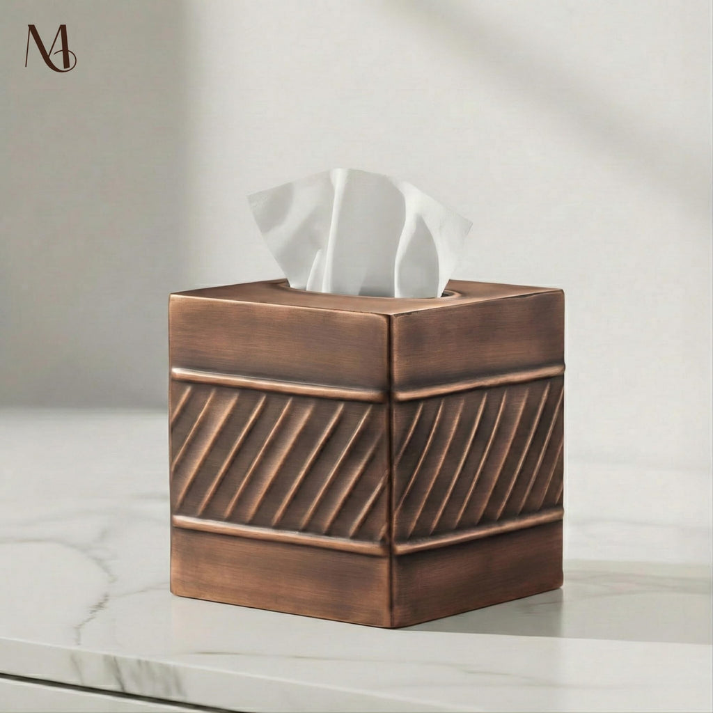 Monarch Abode Tissue Box Cover Square – Handcrafted Wave Embossed Antique Copper Metal Tissue Holder Box for Bathroom Accessory, Aesthetic Decorative Facial Napkin Cube for Modern Home Decor