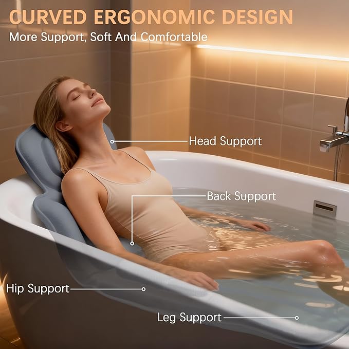 59'' Full Body Bath Pillow for Bathtub 6D Air Mesh 144 Suction Cups