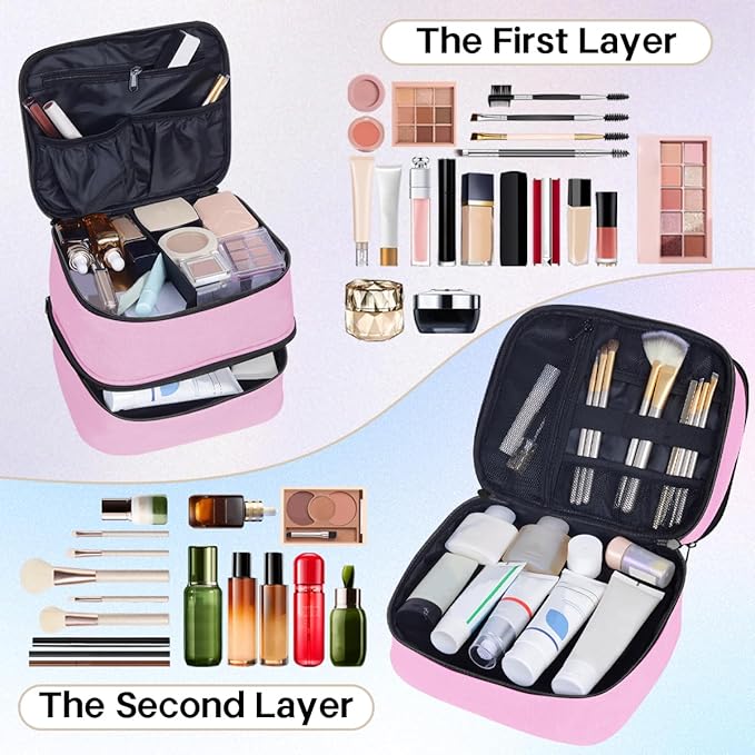 TANPADUAJI Double Layer Makeup Bag Portable Large Cosmetic Case Organizer with Adjustable Dividers Storage Travel Bag for Accessories Brushes Conditioner and Skin Care Products (Pink)
