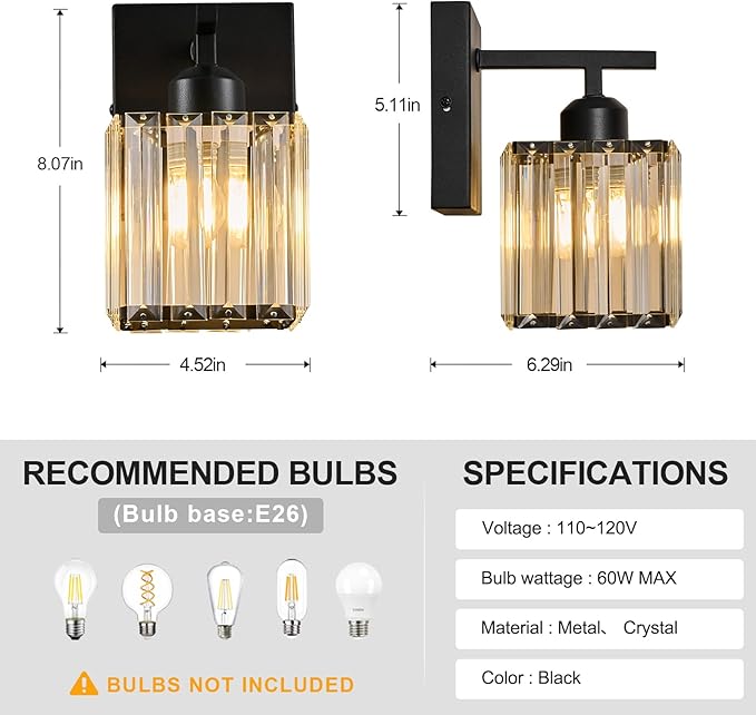 Modern Wall Sconce Set of Two Indoor Wall Lamp Black Wall Sconces Crystal Wall Light Bathroom Vanity Light Fixtures Wall Mounted Room Sconce Wall Lighting