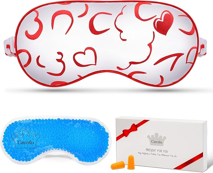 Cavoilu Sleep Mask w/Cooling Gel Eye Mask, Silk Eye Mask for Sleeping, Hot & Cold Eye Masks, Blindfold Reusable Eye Cover Sleeping Mask for Home Office Travel, Gifts for Women (Red Heart)
