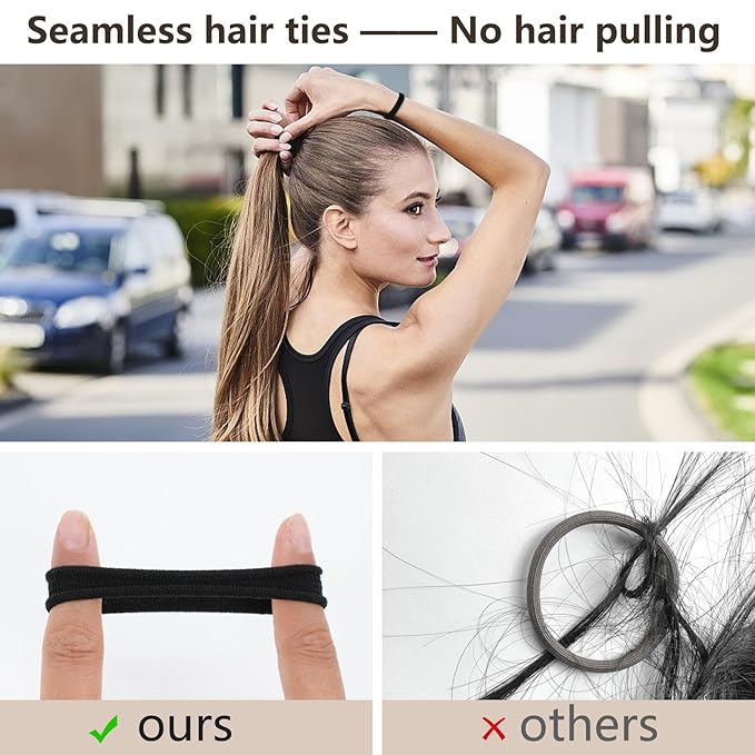 FVOLREM Hair Ties, 100 PCS No Damage Hair Elastics Hair Accessories for Women Girls, Thick Seamless Hair Ties, Neutral Color, 5 Colors Included: Black, Brown, Gray, Carnation, Light Brown