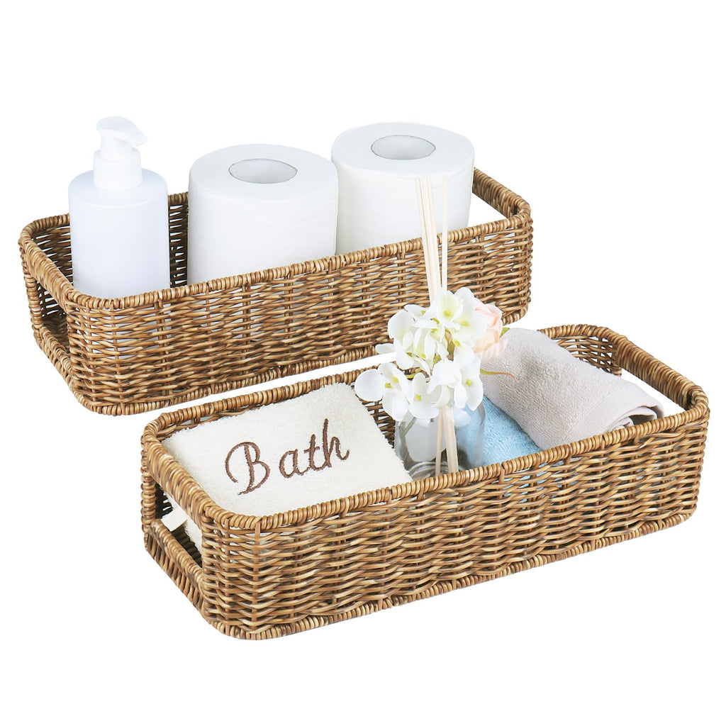 Small Wicker Basket for Toilet: Waterproof Storage Basket Organizing Over Tank Topper Tan 2pack