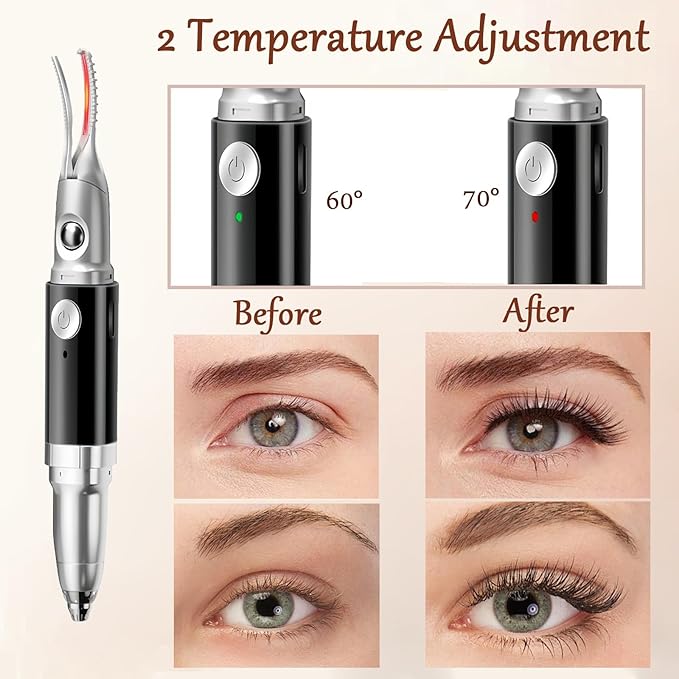 Heated Eyelash Curler - 2 in 1 Eye Lash Curler and Eyebrow Trimmer for Women with 2 Temperature Modes, USB Rechargeable Electric Eyelash Curler, Anti-Burn Design, Ideal Gift for Women(Black A)