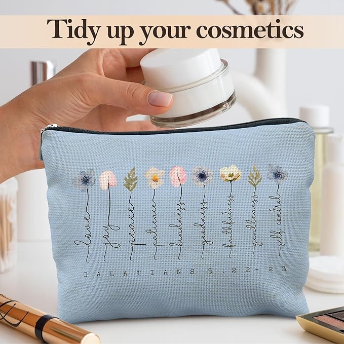 Likjad Christian Gifts Makeup Bag, Floral Christian Cosmetic Bags for Women, Galatians 5:22-23 Bible Verse Makeup Pouch（blue