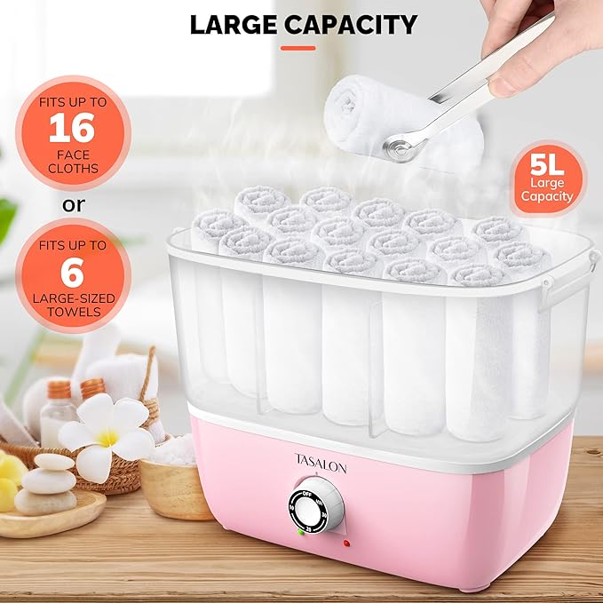TASALON Hot Towel Steamer for Facials, Hot Towel Warmer Quickly Heats Up in 5 Minutes, Portable Towel Machine Fits 16 Mini Towels, Salon Equipment Towel Warmer for Facials, Spa, Massage, Pink