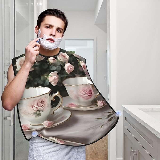 Tea Cups With Roses Romantic Shabby Print Beard Bib Shaving Apron, Beard Hair Trimming Cape Gift For Dad