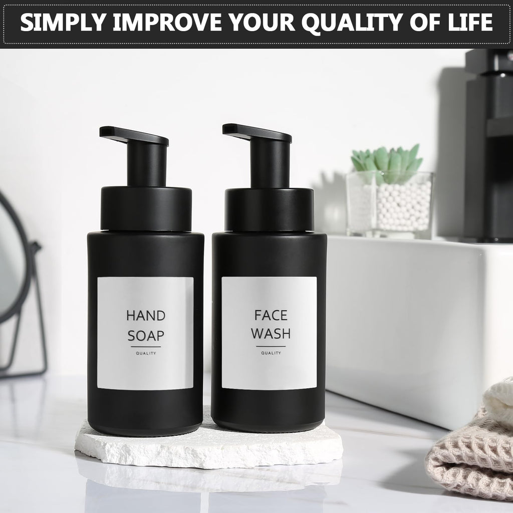 RYTOXILO Matte Black Foaming Hand Soap Dispenser, 10 oz/300ml Glass Foam Dispenser, 2 Pcs Foaming Soap Dispenser for Bathroom, Black Refillable Pump with Waterproof Labels