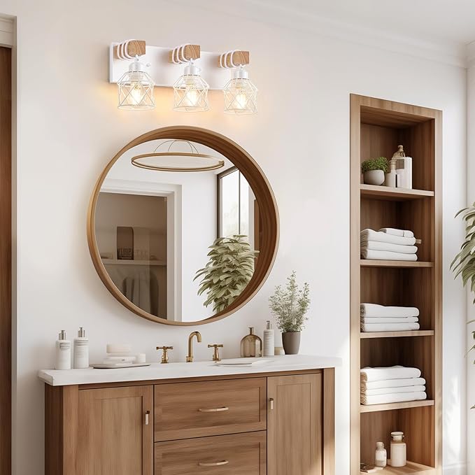 FadimiKoo 3-Light Farmhouse White Bathroom Vanity Light Fixtures, Rustic Wood Vanity Lights for Bathroom, Modern Bath Sconces Wall Lighting with Elegant Metal Shade for Mirror, Living Room, Bedroom