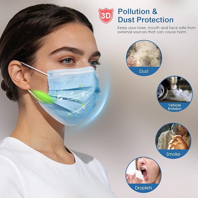 NNPCBT Blue Disposable Face Masks 100 Pack,3-Ply Breathable Mask For Adults,Great For Outdoors,Home, Office, School