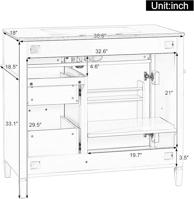 Harper & Bright Designs 36" Bathroom Vanity with Sink, Free Standing Vanity Set with 4 Drawers, Storage Racks, and Adjustable Shelf, Wood Bathroom Cabinet with Ceramic Basin for Bathroom, Blue Grey