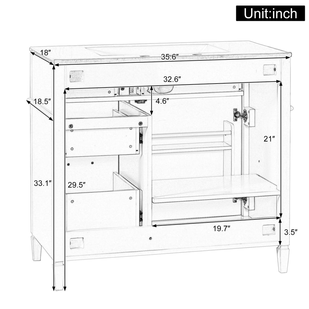Harper & Bright Designs 36" Bathroom Vanity with Sink, Free Standing Vanity Set with 4 Drawers, Storage Racks, and Adjustable Shelf, Wood Bathroom Cabinet with Ceramic Basin for Bathroom, White
