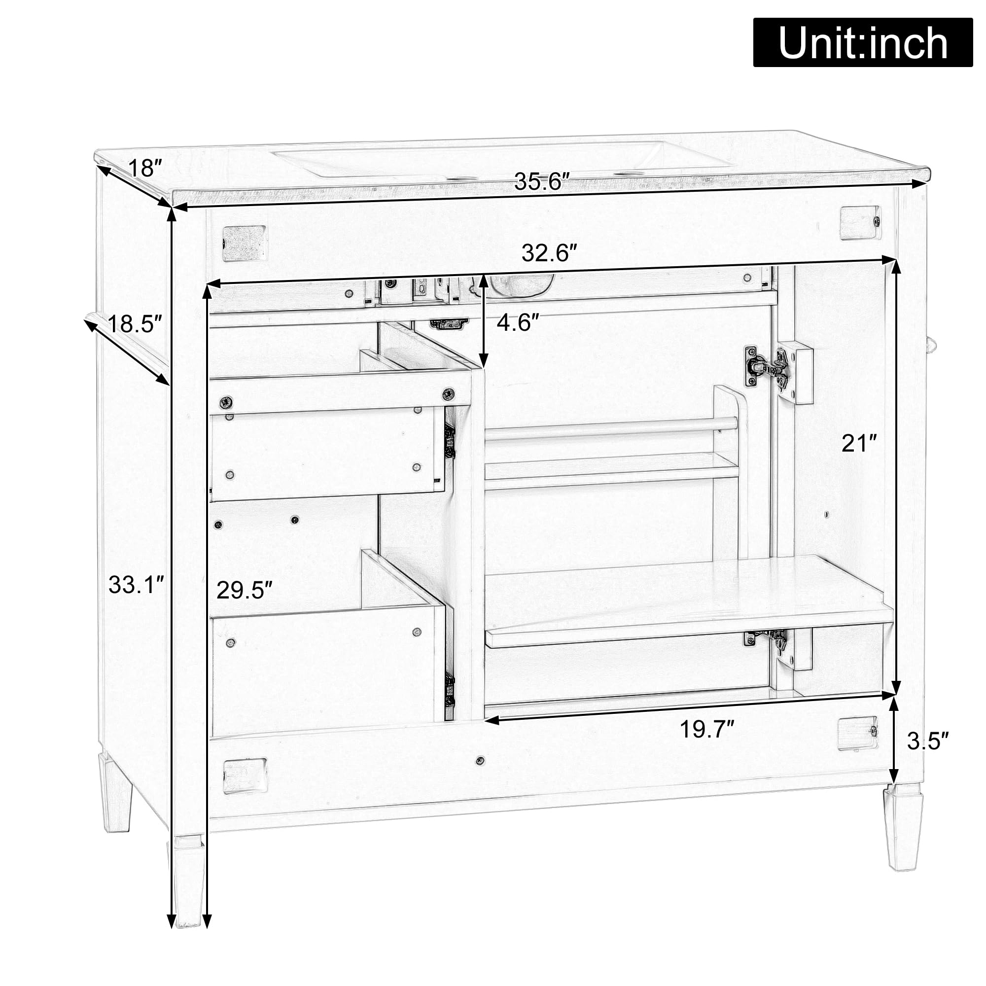 Harper & Bright Designs 36" Bathroom Vanity with Sink, Free Standing Vanity Set with 4 Drawers, Storage Racks, and Adjustable Shelf, Wood Bathroom Cabinet with Ceramic Basin for Bathroom, White
