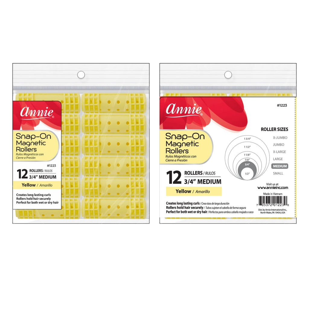Annie Snap-On Magnetic Rollers 3/4 Inch Yellow 12 Pack - Medium Hair Curlers for Curls & Waves - Durable, Reusable & Easy to Use on Dry or Damp Hair - Secure Fit for All Hair Types