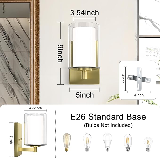 Wall Sconces Set of Two: Bathroom Sconce of 2, Gold Vanity Fixtures with Double Clear Glass Shade, E26 Base Hardwired Farmhouse Wall Lights for Bedroom Living Room Bathroom (Bulb not Included)