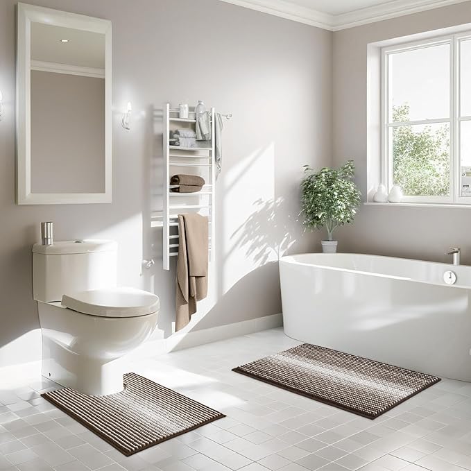 Bathroom Rugs Sets 2 Piece, Toilet Rugs U-Shaped, Contour Bath Mat Set for Toilet Bathroom, Soft Absorbent Chenille Bath Carpet, Quickly Dry, Washable (Coffee, 32" x 20" + 24" x 20")