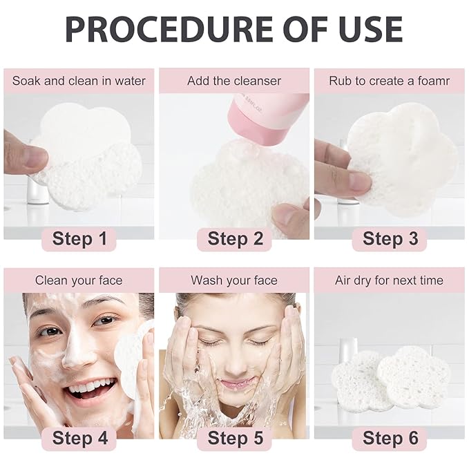 50-Count Facial Sponges Compressed Facial Sponges Natural Facial Cleansing Sponges Pads Cute Flower Shape Exfoliating Sponges for Cleansing Reusable,Best Makeup Gift, White