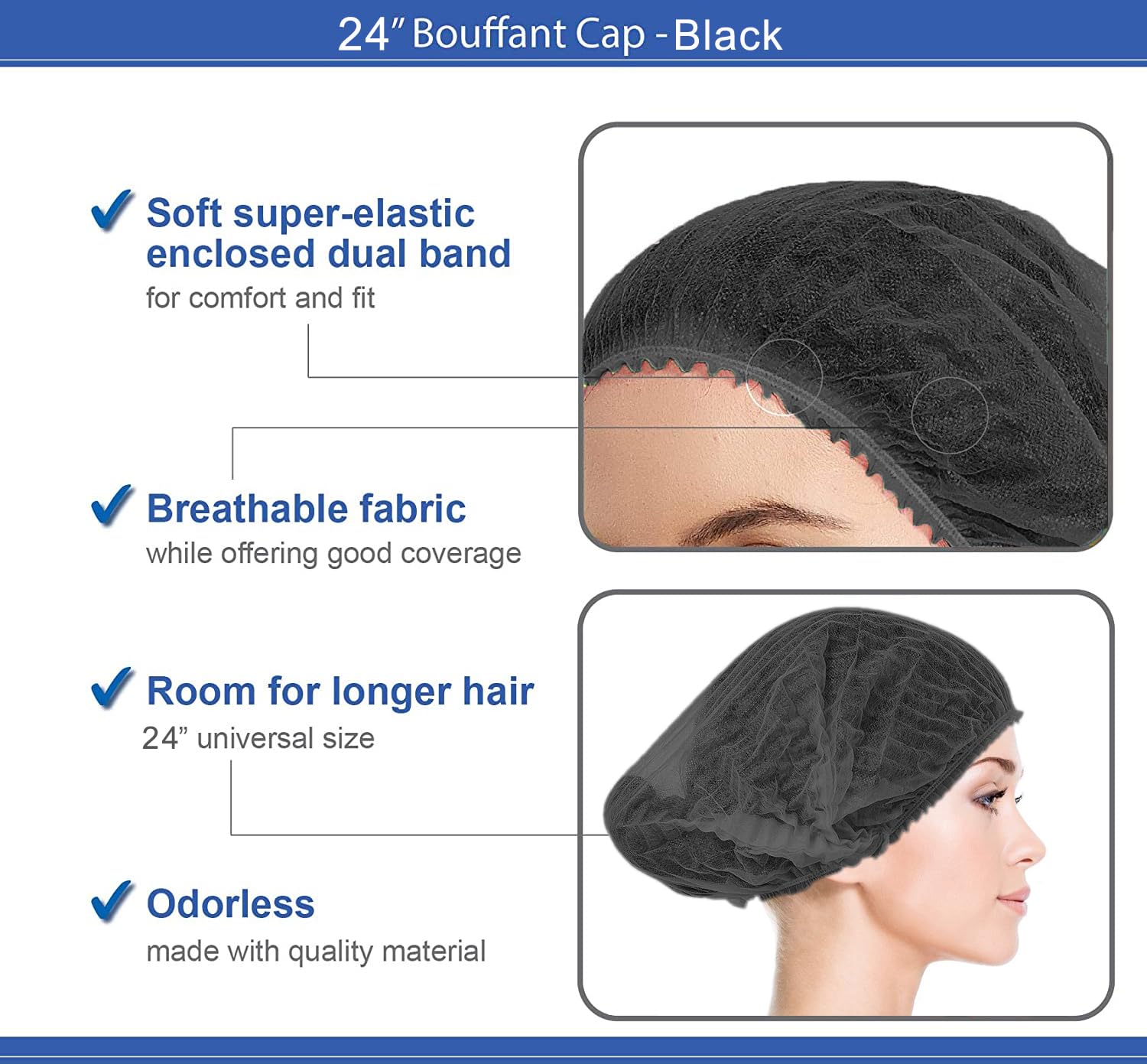 Disposable Bouffant Caps 100pcs,24inches Hair Net, Elastic Dust Cap for Food Service,Salon,Spa,Kitchen Head Cover (Black)