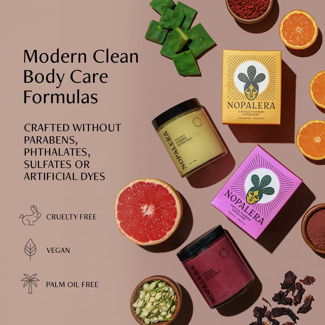 Nopalera Mandarina Cactus Flower Exfoliant - Face & Body Scrub, 3-in-1 Cleanser, & Moisturizer, Vegan, Cruelty-Free, Natural Citrus Scent, Dye Free, 6 oz.