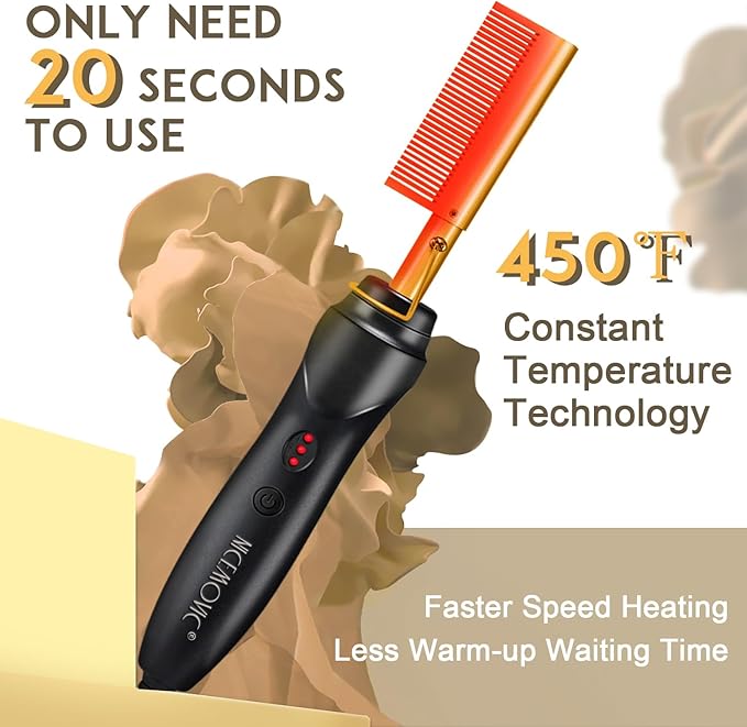 NICEMOVIC Ceramic Heating Hair Straightener Comb - Hot Pressing Brush for Natural Black Hair, Beard Wigs, and Curling (Gold)