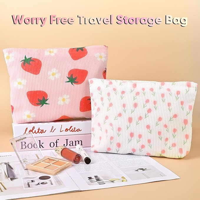 Ksriylm Cute Floral Makeup Pouch for Women Small Make Up Bag for Purse Zipper Initial Makeup Cosmetic Bags Pouches for Purse Aesthetic Travel Toiletry Bags, Pink Rose