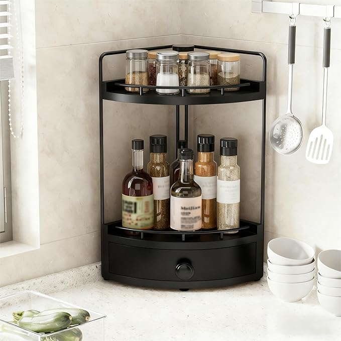 Aollewoiti 2-Tier Corner Bathroom Counter Organizer with Drawer, Black