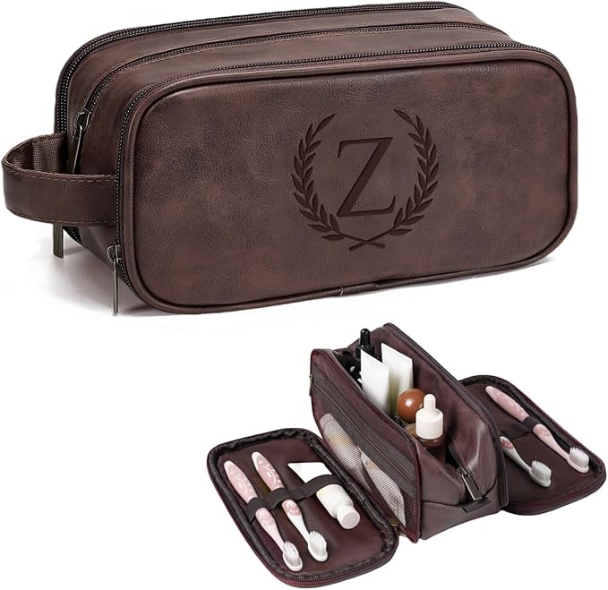 Janhavi Groomsmen Gifts, Waterproof Makeup Bag Organizer,Travel Bag Leather Laser Engraved Initials & Wheat, Men's Accessories Storage, Travel Bags for Men Travel Essentials (Medium, Dark Brown, Z)