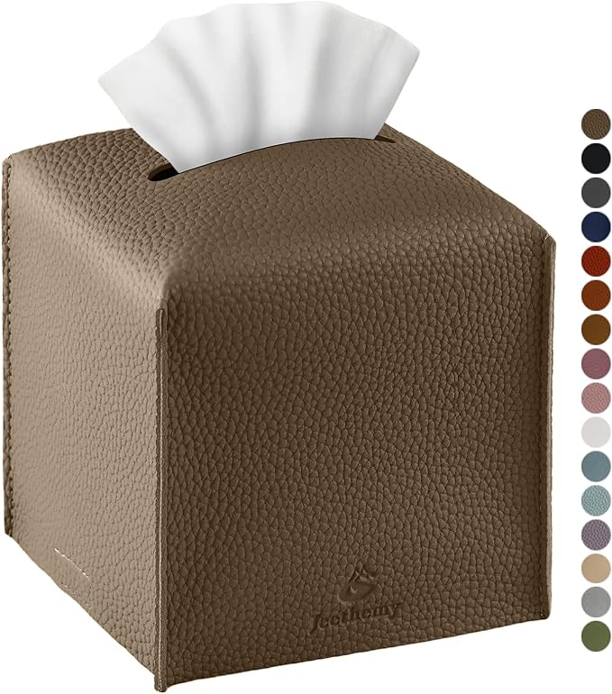 Tissue Box Cover, Jeethemy Square PU Leather Tissue Box Holder, Modern Tissue Case Facial Paper Organizer Dispenser，5X5X5'',Single Cocoa Brown