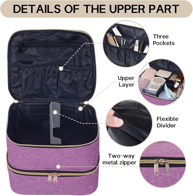 TANPADUAJI Double Layer Makeup Bag Portable Large Cosmetic Case Organizer with Adjustable Dividers Storage Travel Bag for Accessories Brushes Conditioner and Skin Care Products (Purple)