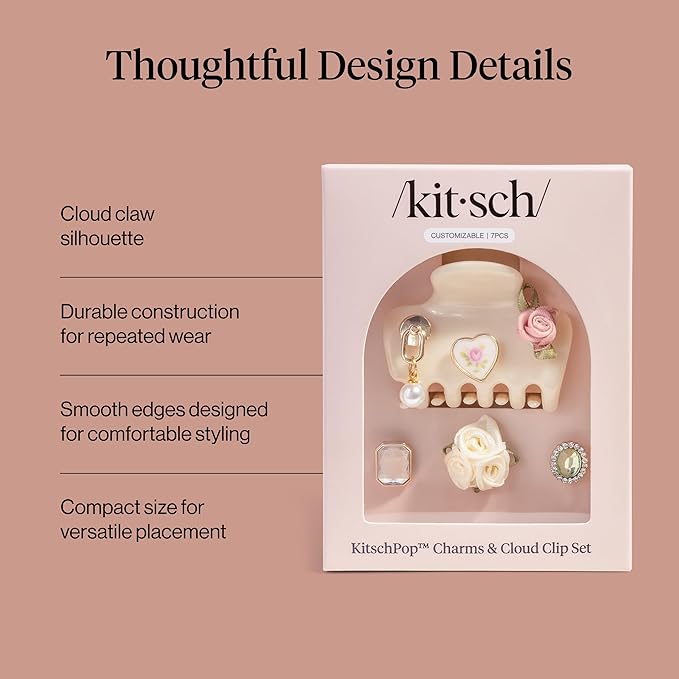 KitschPop ™ Hair Clips For Women with Charm Sets -Customizable Cloud Claw Clip With Interchangeable Collectible Cute Charms - Pearlized Cream, 7pcs Set