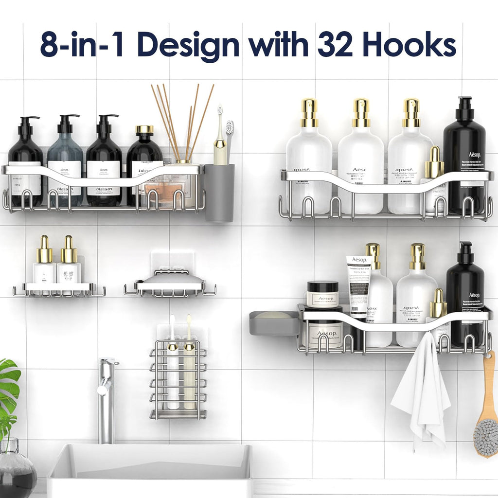 NESOMI Shower Caddy Adhesive Shower Organizer 8-Pack, Rustproof Stainless Steel Bathroom Shelves, Large Capacity No-Drill Rack Storage Accessories with Soap Dish Toothbrush Holder Hooks