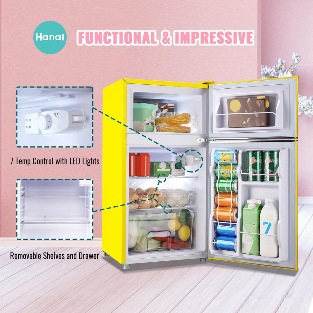 WANAI 3.5 Cu.ft Small Refrigerators Retro Mini Fridge with Freezer Yellow Full-sized Fridge Dual Door Dual Handle Classic Removable Glass Shelves Adjustable Thermostat for Home Office Dorm RV