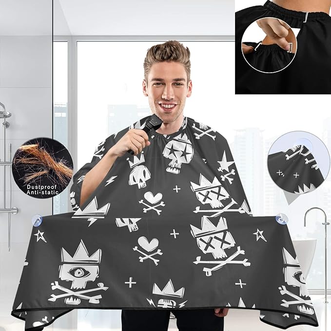 Visesunny Barber Cape - Cool Skull In Crown Black Doodle Polyester Hair Cutting Salon Apron Anti-Static Haircut Water-Resistant Shaving Cloth Beard Shaving Bib Hairdressing Cape