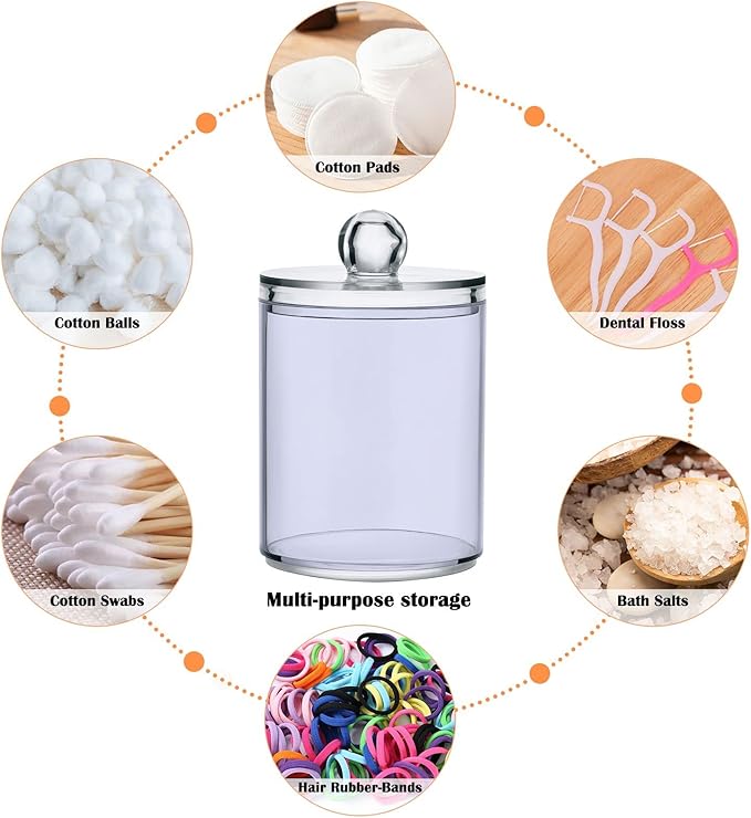 Lavender Qtip Holder Organizer Dispenser Cotton Swabs Cans Plastic Jars with Lid Set 4 Pack Bathroom Storage Canister for Cotton Ball Floss Cotton Pads