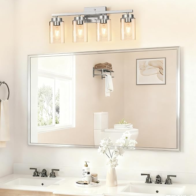 IZORRO Modern Bathroom Light Fixtures, 4 Light Brushed Nickel Vanity Lights, Bathroom Lighting Fixtures Over Mirror with Clear Glass for Living Room Cabinet Bedroom