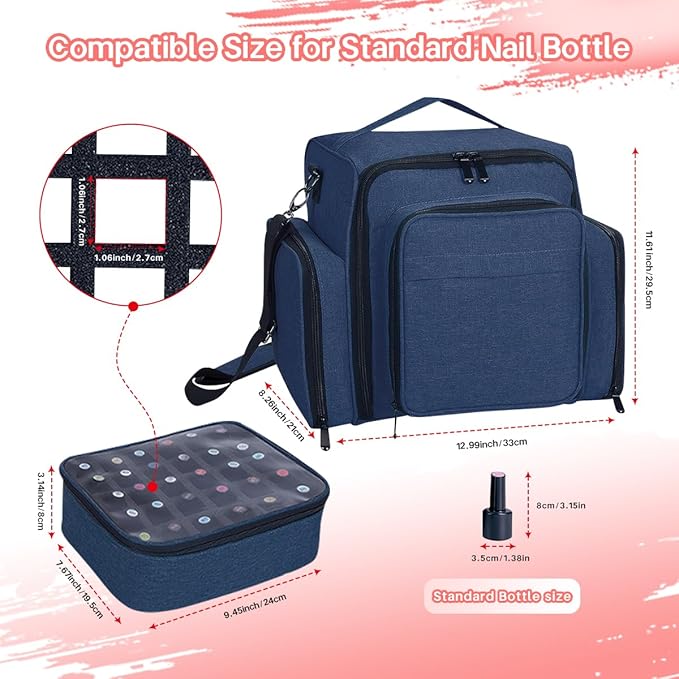 UOZL Nail Polish Organizer Case Hold 90 Bottles with 3 Detachable Bag,Blue