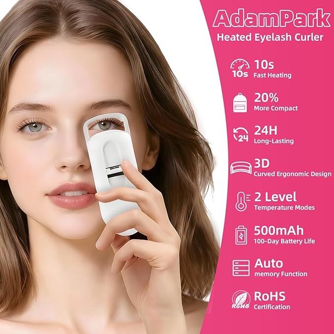 Heated Eyelash Curler, 10s Fast Heating Portable Electric Lash Curler, Type-C Rechargeable Travel Eye Lash Curlers with Anti-Scalding Silicone Pad, 2 Temp Modes & 24H Long Lasting Curves (White)