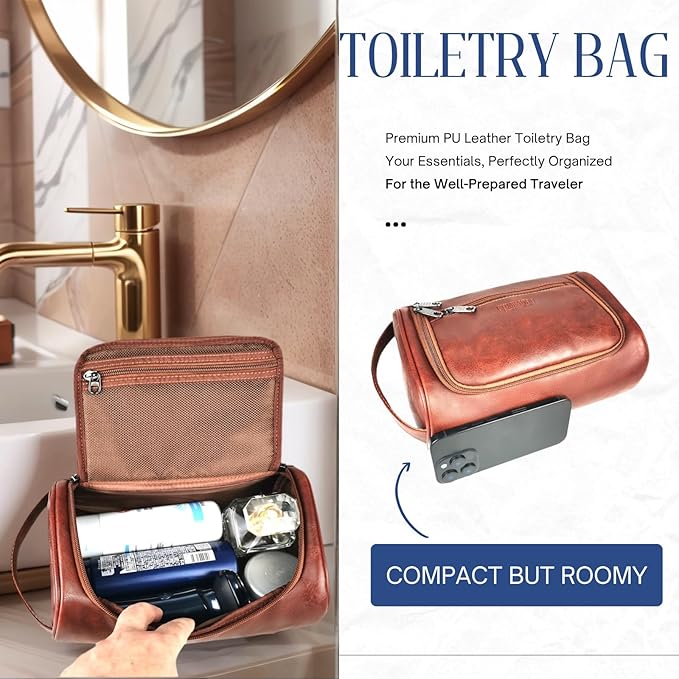 Mens Toiletry Bag, Compact Dopp Kit for Men Travel, PU Leather Shaving Kit, Water-Resistant Minimalist Organizer with Wrist Strap, Fits Grooming Essentials,Large 10x6.5x4 Inch Mocha Brown