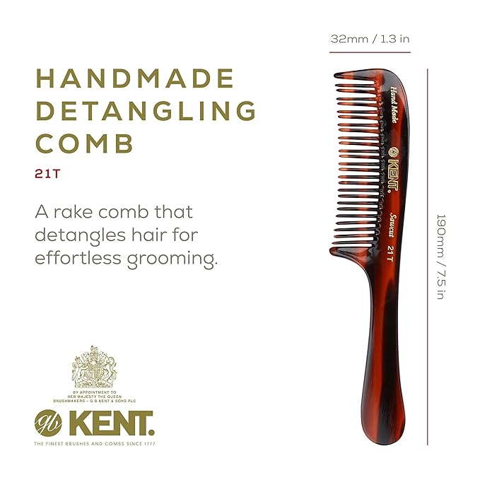 Kent 21T Large Detangling Comb, Double Wide Tooth for Curly Wavy Hair, Detangler Comb for Wet and Dry Hair, Saw-Cut and Hand Polished Made in England