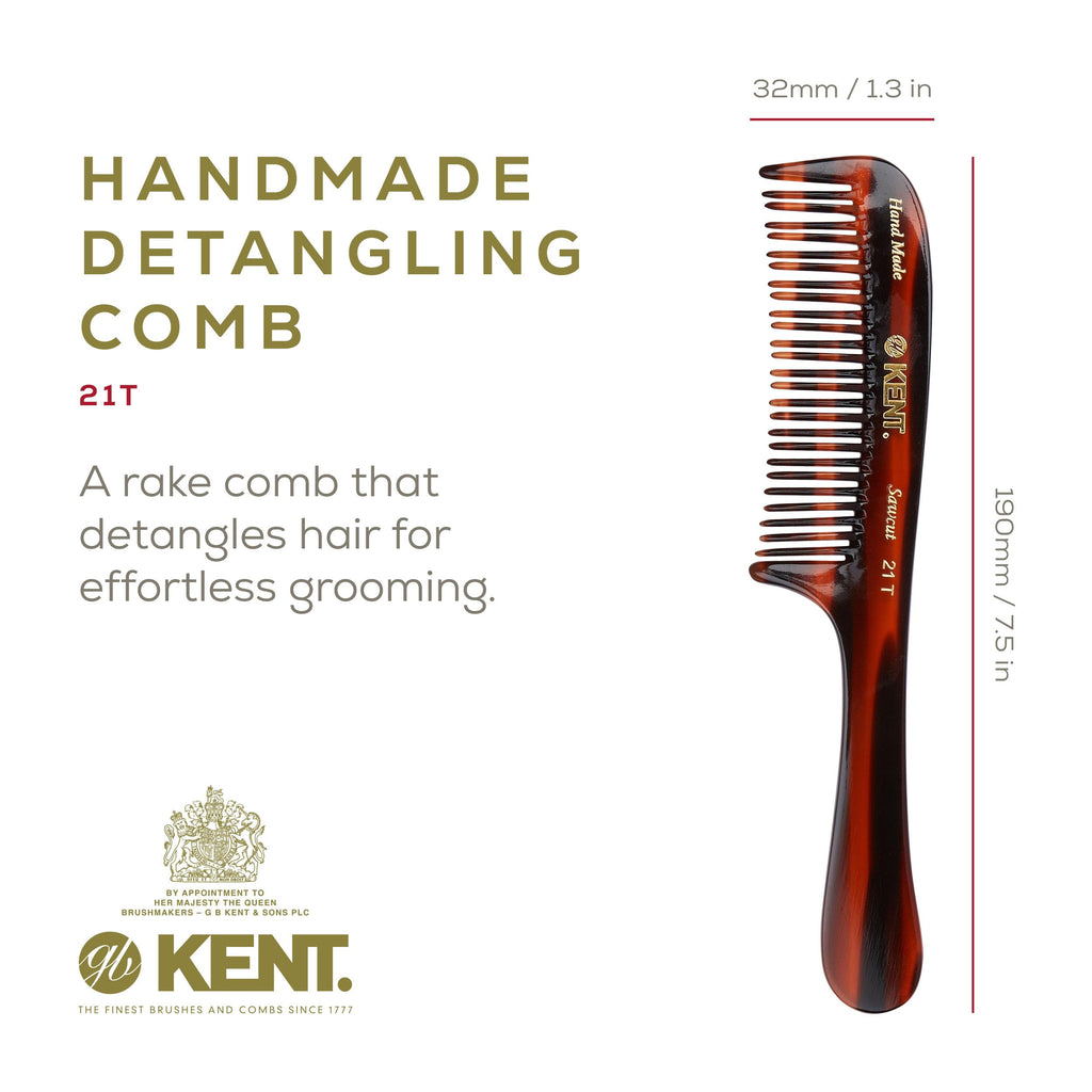 Kent 21T Tortoiseshell Large Detangling Comb, Wide Teeth for Thick Curly Wavy Hair. Long Hair Detangler Comb For Wet and Dry. Handmade of Quality Cellulose, Saw-Cut Hand Polished, Made in England