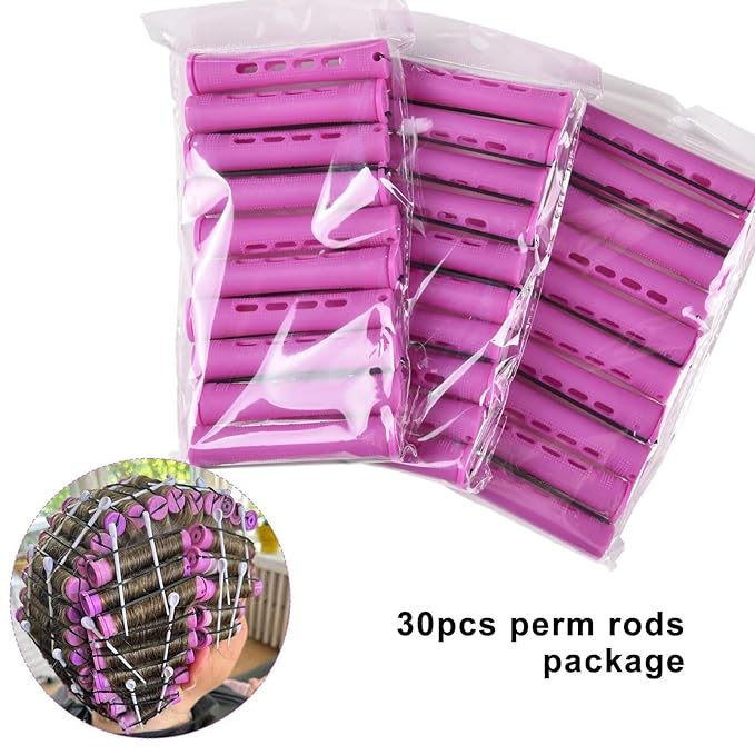 FEEL ME 30Pcs Purple Perm Rods for Long Short Hair, Plastic Cold Wave Rods, Non-Slip, Heatless, Medium Size