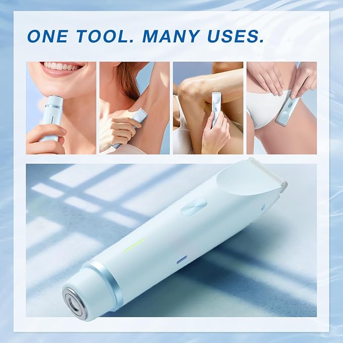 Bikini Trimmer for Women, Dual-Head Electric Body Hair Trimmer for Sensitive Areas, IP67 Waterproof Rinsable, USB-C Rechargeable Groomer for Bikini Line, Underarms, Legs & Face (Cloud Blue)