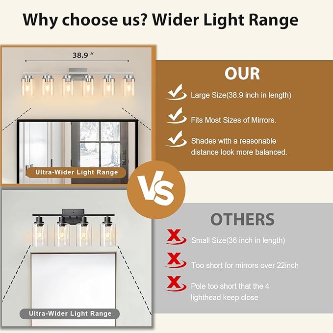 IZORRO Modern Bathroom Light Fixtures, 6 Light Brushed Nickel Vanity Lights, Bathroom Lighting Fixtures Over Mirror with Clear Glass for Living Room Cabinet Bedroom