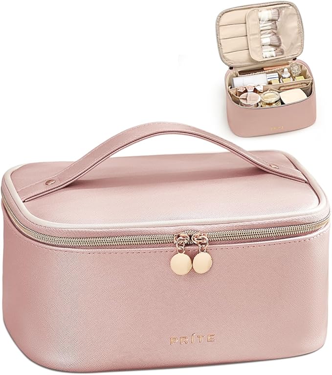 Prite Makeup Bag, Large Capacity Cosmetic Bag for Women and Girls, Waterproof PU Leather Travel Makeup Case, Toiletry Organizer with Handle and Divider for Skincare and Brushes - Pearl Pink