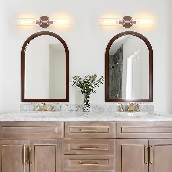 2 Light Bronze Bathroom Light Fixtures Over Mirror, Modern Farmhouse Bathroom Sconce with Clear Glass Shade, Wall Sconce for Bathroom Hallway Cabinet Bedroom Kitchen Living Room Foyer