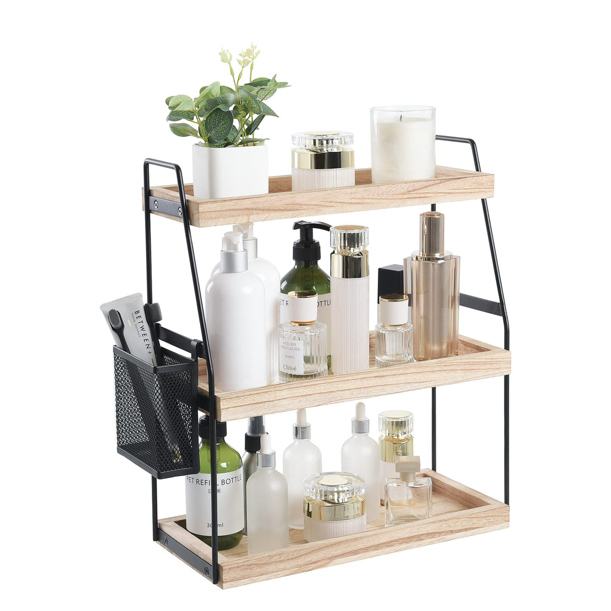 Nroech Bathroom Organizer Countertop, 3-Tier Standing Counter Shelf with Basket, Wood Tray for Kitchen Vanity Organizer