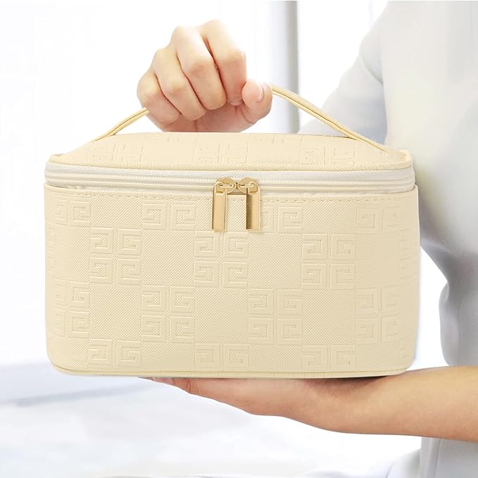Meiyuuo Travel Makeup Bag for Women, PU Leather Cosmetic Bag, Light Beige