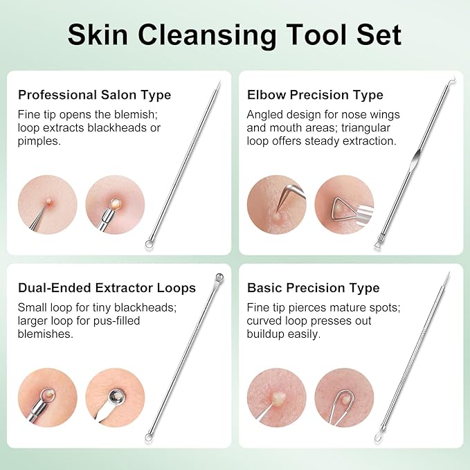 HUGJOG Blackhead Remover Tools for Face, Black Head Remover for Nose, 304 Stainless Steel Pore Extractor Spatula for Deep Pore Cleaning with Soft Silicone Cleansing Brush & 4 Blackhead Needles