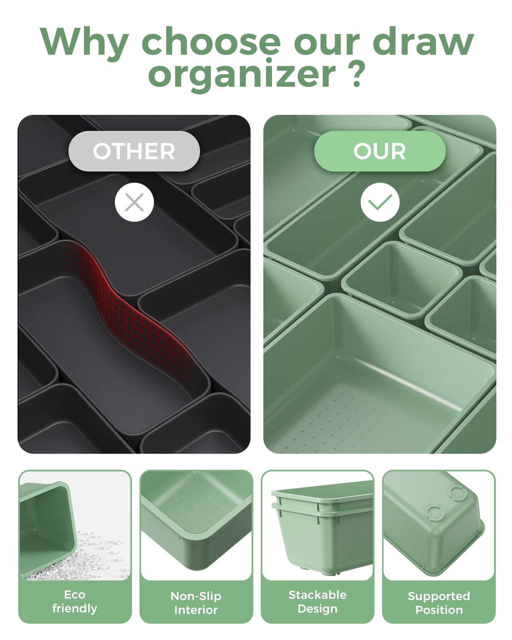 BiuLeon 25 PCS Plastic Drawer Organizers Set, 4-Sizes Vanity and Makeup Organizer, Desk and bathroom Drawer Organizer Trays, Organizers and Storage for Makeup, Jewelry, Gadgets, Utensils (Green)
