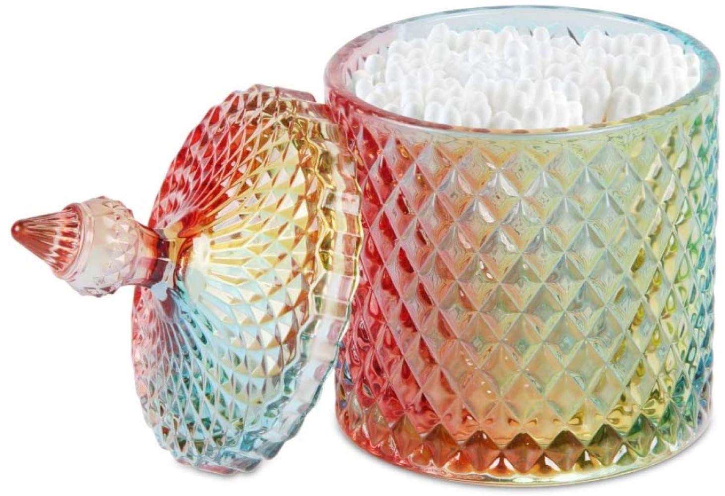 CLOVERHOME Colorful Home Decorative Jar Qtips Holder Dispenser Glass Storage Container Bathroom Counter Vanity Organizer for Bath Salts/Swabs/Rounds Makeup Sponges Toothpick Jewelry(Rainbow, 10 oz)